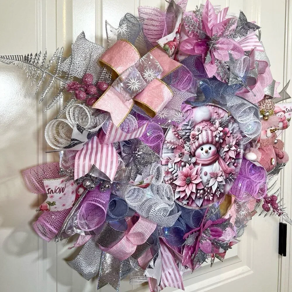 Handmade Pink Winter Snowman Holiday Ribbon Door Wreath 22 ins W80